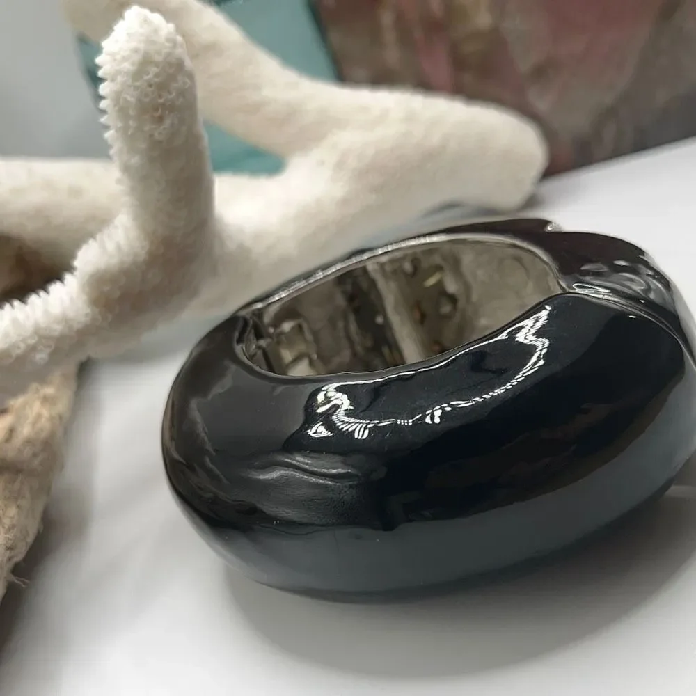 Black & Crystal Inset Dome Hinged Bangle Bracelet - Picture 10 of 13